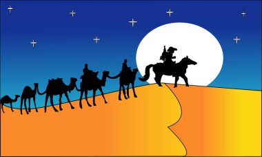 Animasyon manzara: çöl, deve kervanı. Vektör çizim. -Görüntüleri vectorielles