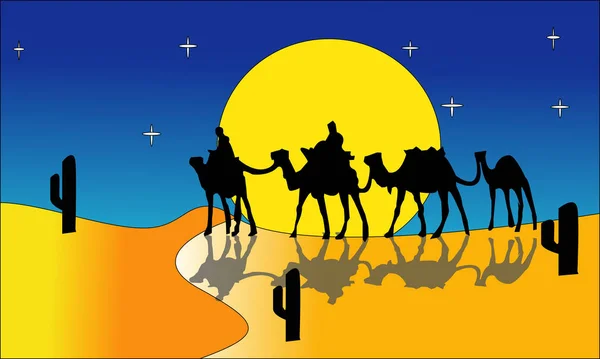 Animasyon manzara: çöl, deve kervanı. Vektör çizim. -Görüntüleri vectorielles