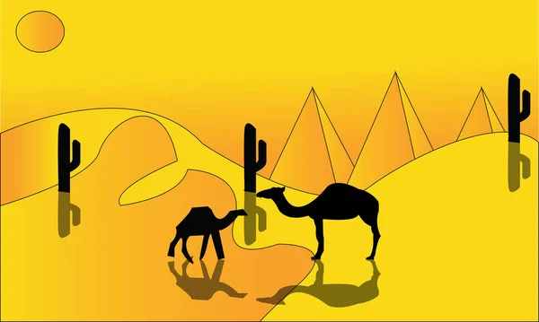 Animation landscape: desert, caravan of camels. Vector illustration. - A hot desert landscape illustration - Images vectorielles 2019