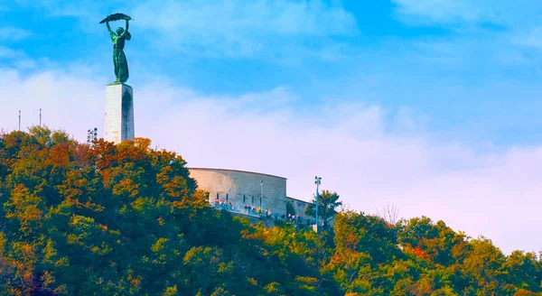Budapeşte, Macaristan (mai 15, 2019) Budapeşte 'nin arka planında Özgürlük Heykeli, Özgürlük Köprüsü ve Tuna Nehri' nin yer aldığı panoramik hava manzarası, Avrupa 'da 2019