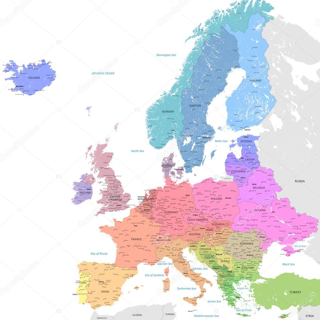 High detailed vector political Europe map with capitals, cities, towns, rivers and lakes.