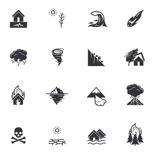 Natural Disaster Catastrophe Icons Black Vector Pictograms Isolated White — Stock Vector