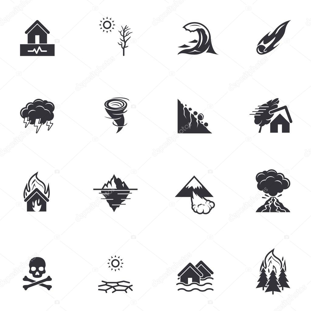 Natural disaster catastrophe icons | Black vector pictograms isolated on white