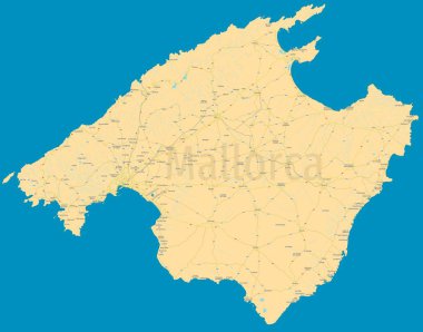 Mallorca (Mayorka) siyasi haritası. Yüksek detay renk vektör Adası. Tüm öğeleri düzenlenebilir katmanlar halinde ayrılır: şehirler ve kasabalar adları, yollar, demiryolları, nehirler, göller, otoyol numaraları. Yüksek çözünürlüklü atlas.