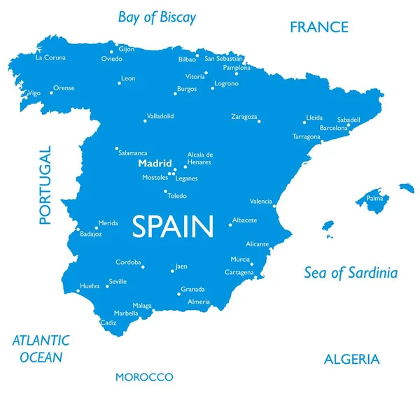 Vector Map Spain Outline Detailed Map City Names — Stock Vector