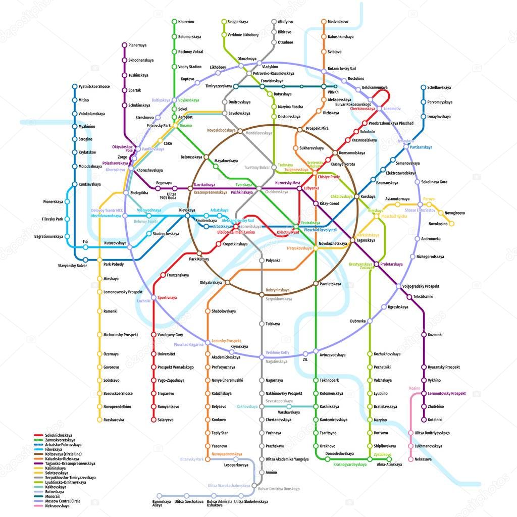 Moscow metro map | Vector detailed scheme of the Moscow subway, monorail and Moscow Central Circle | 2019