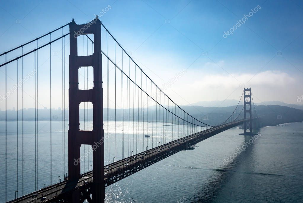 Golden Gate Bridge at San Francisco on a foggy day.