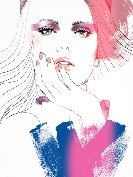Young Beautiful Woman Fashion Illustration Watercolour Draw Portrait — Stock Photo, Image