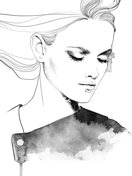 Ung Vacker Kvinna Mode Illustration Akvarell Rita Porträtt — Stockfoto