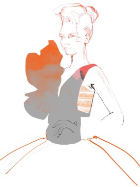 Genç güzel kadın moda-illüstrasyon suluboya portre çizmek 