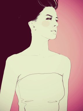 Genç güzel kadın moda-illüstrasyon suluboya portre çizmek 