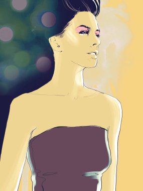 Genç güzel kadın moda-illüstrasyon suluboya portre çizmek 