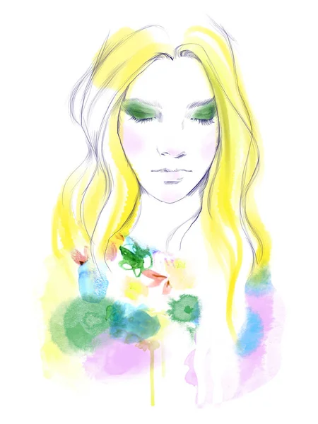 Young Beautiful Woman Fashion Illustration Watercolour Draw Portrait — Stock Photo, Image