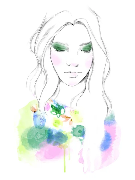 Young Beautiful Woman Fashion Illustration Watercolour Draw Portrait — Stock Photo, Image