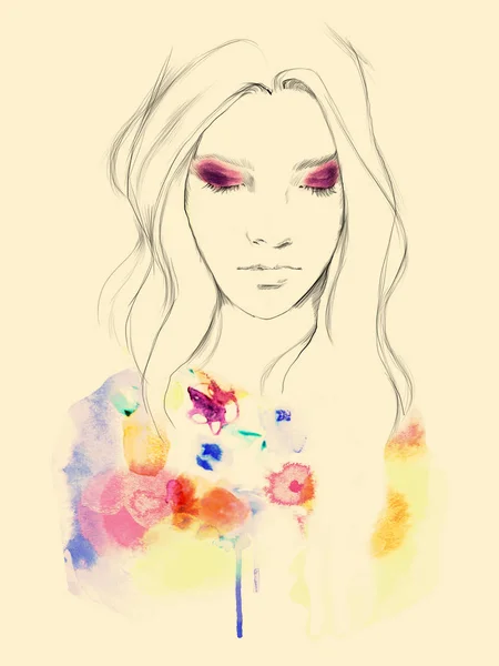 Young Beautiful Woman Fashion Illustration Watercolour Draw Portrait — Stock Photo, Image