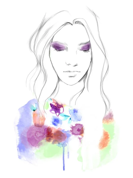 Young Beautiful Woman Fashion Illustration Watercolour Draw Portrait — Stock Photo, Image