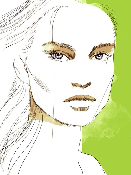 Young Beautiful Woman Fashion Illustration Watercolour Draw Portrait — Stock Photo, Image