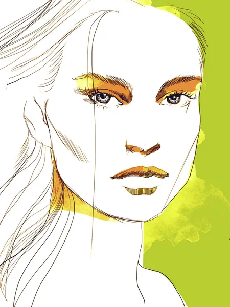 Ung Vacker Kvinna Mode Illustration Akvarell Rita Porträtt — Stockfoto