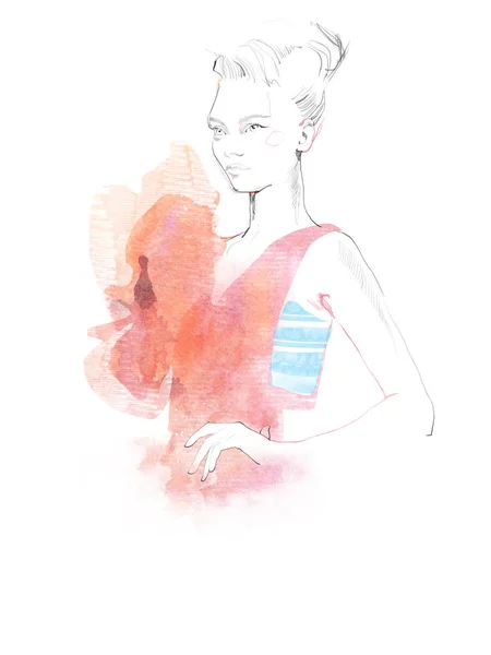 Young Beautiful Woman Fashion Illustration Watercolour Draw Portrait — Stock Photo, Image