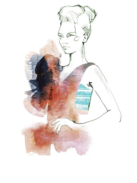 Junge Schöne Frau Mode Illustration Aquarell Zeichnen Porträt — Stockfoto