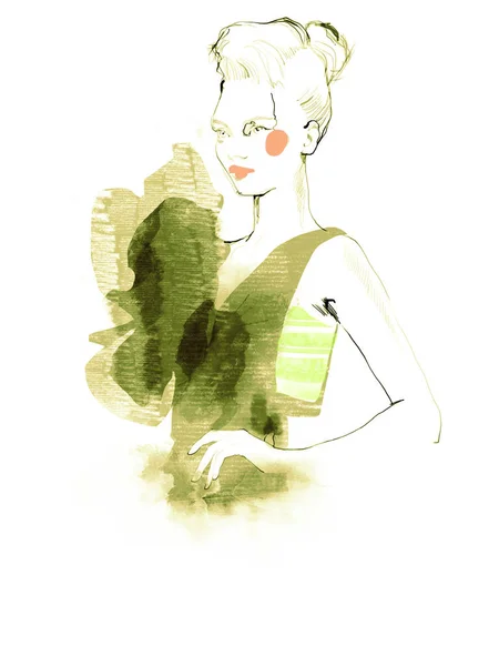 Young Beautiful Woman Fashion Illustration Watercolour Draw Portrait — Stock Photo, Image