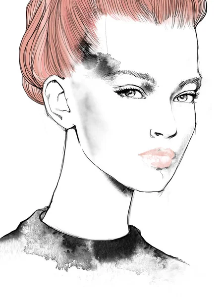 Young Beautiful Woman Fashion Illustration Watercolour Draw Portrait — Stock Photo, Image