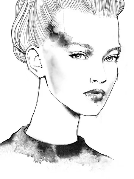 Young Beautiful Woman Fashion Illustration Watercolour Draw Portrait — Stock Photo, Image