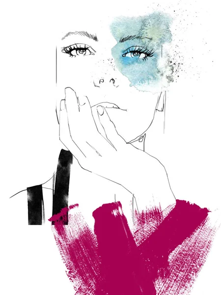 Jeune Belle Femme Mode Illustration Aquarelle Dessin Portrait — Photo