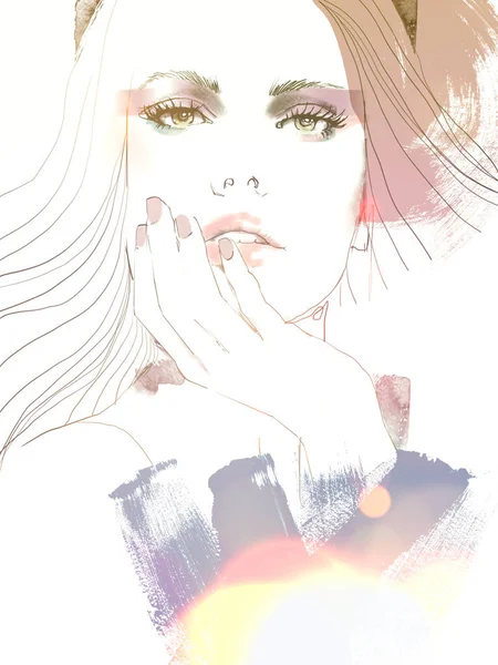 Jeune Belle Femme Mode Illustration Aquarelle Dessin Portrait — Photo