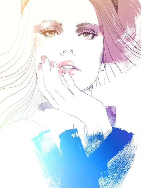 Young Beautiful Woman Fashion Illustration Watercolour Draw Portrait — Stock Photo, Image