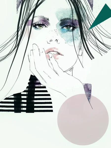 Ung Vacker Kvinna Mode Illustration Akvarellporträtt — Stockfoto