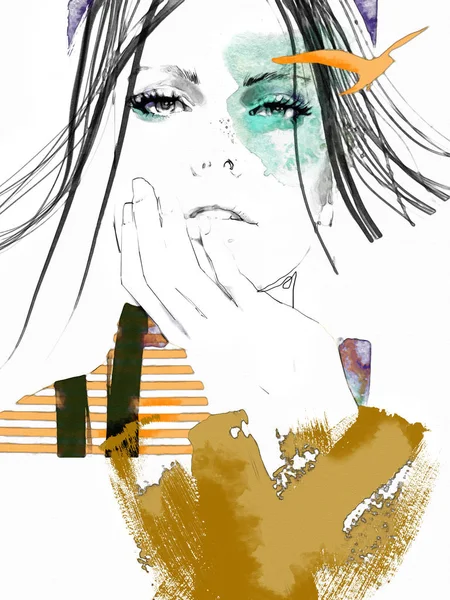 Jeune Belle Femme Mode Illustration Aquarelle Portrait — Photo