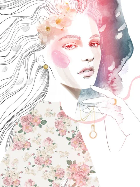 Young Beautiful Woman Fashion Illustration Watercolour Portrait — Stock Photo, Image