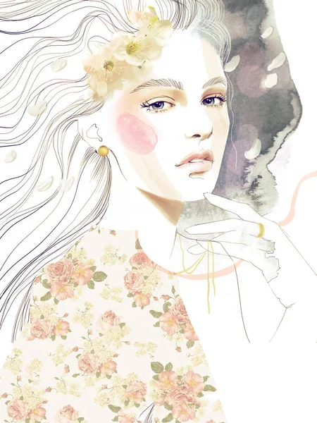 Jeune Belle Femme Mode Illustration Aquarelle Portrait — Photo