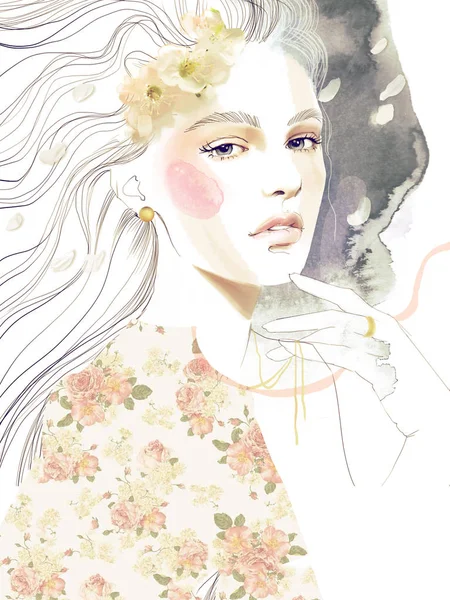 Jeune Belle Femme Mode Illustration Aquarelle Portrait — Photo