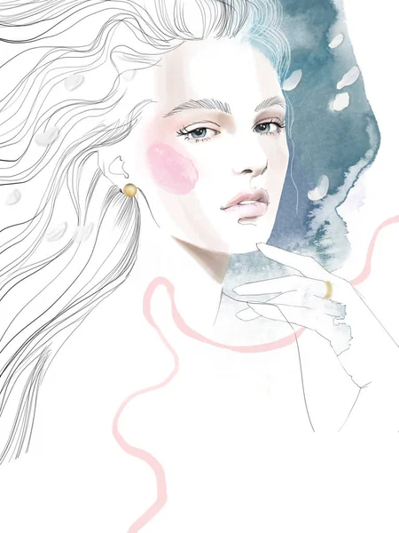 Young Beautiful Woman Fashion Illustration Watercolour Portrait — Stock Photo, Image