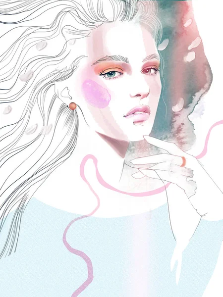 Junge Schöne Frau Mode Illustration Aquarell Porträt — Stockfoto