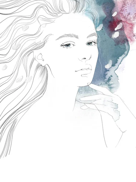 Mladá Krásná Žena Módní Ilustrace Akvarel Kresba Portrétu — Stock fotografie