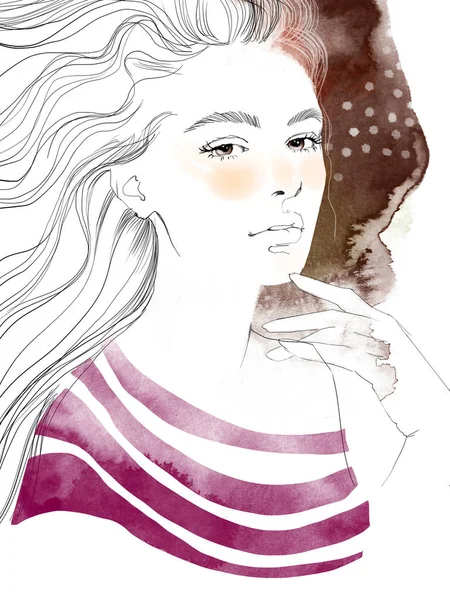Mladá Krásná Žena Módní Ilustrace Akvarel Kresba Portrétu — Stock fotografie