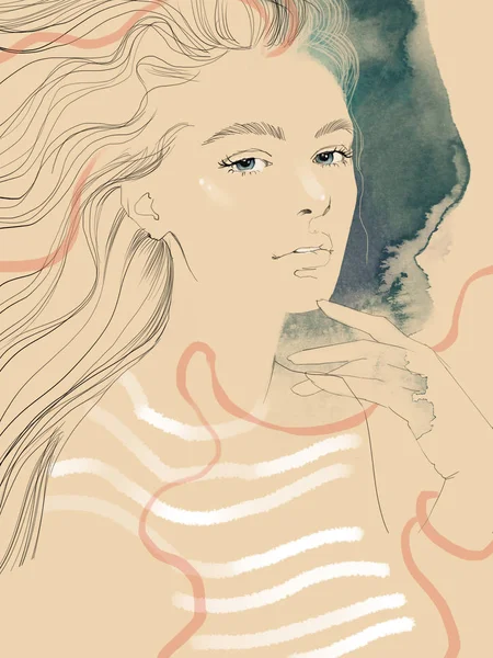 若くてきれいな女性ファッション イラスト水彩画の肖像画を描く — ストック写真