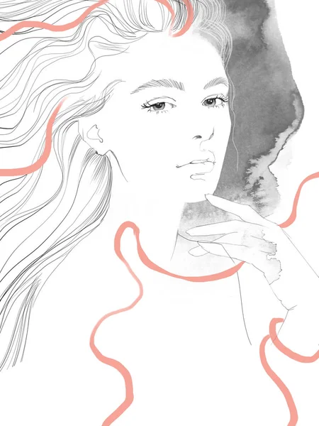 Портрет Молодой Красивой Женщины Рисунком Акварелью — стоковое фото