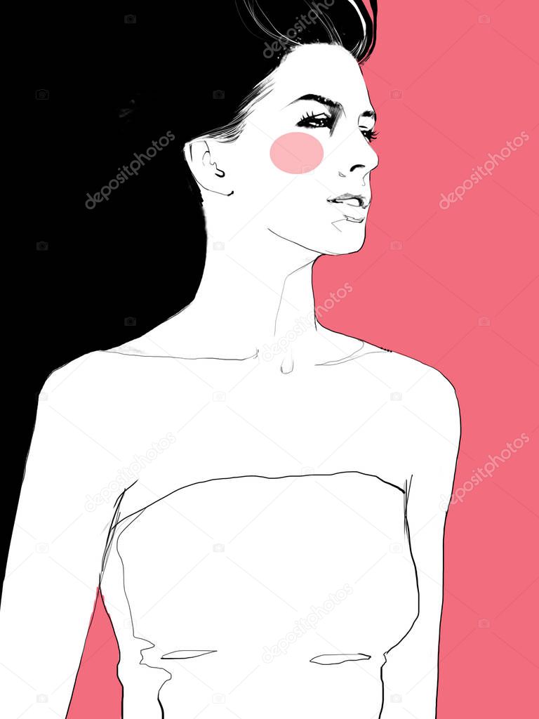 Young beautiful woman fashion-illustration watercolour draw portrait 