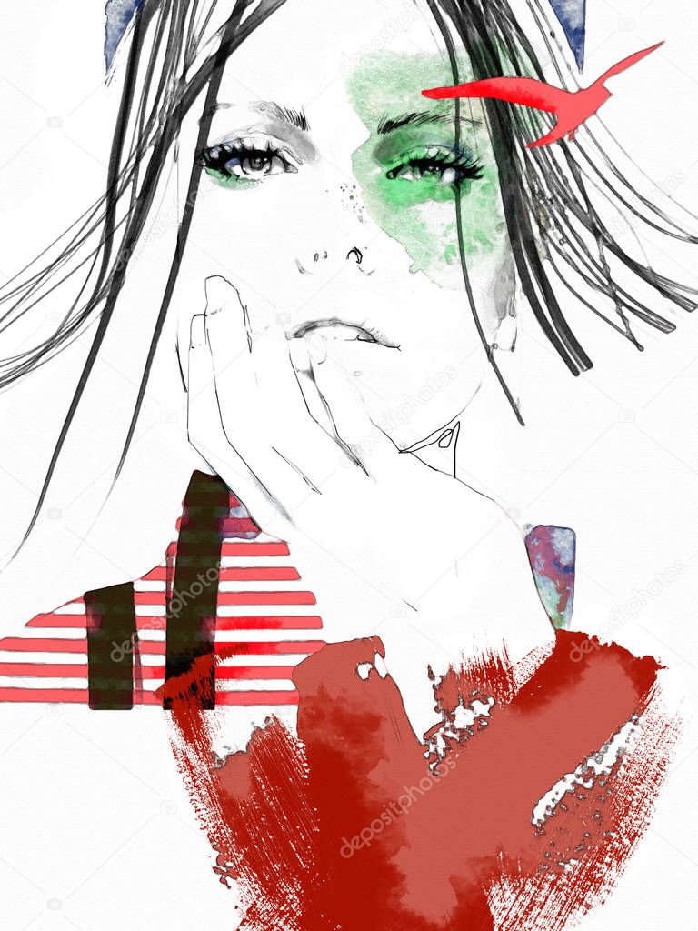 Young beautiful woman fashion-illustration watercolour  portrait