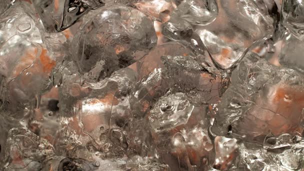 Dramatic Slow Motion Macro Shot Pouring Whiskey Glass Ice Cubes — Stock Video