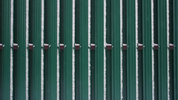 付着した雪で緑色の金属板の塀します — ストック動画