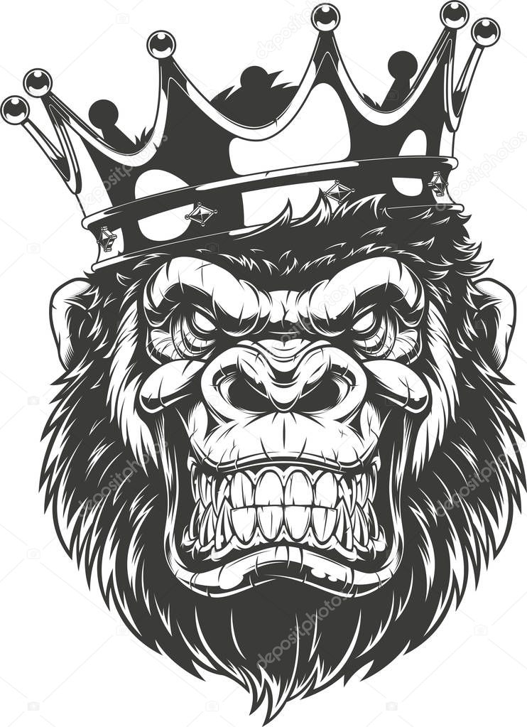 Vector illustration, ferocious gorilla head on with crown, on white background