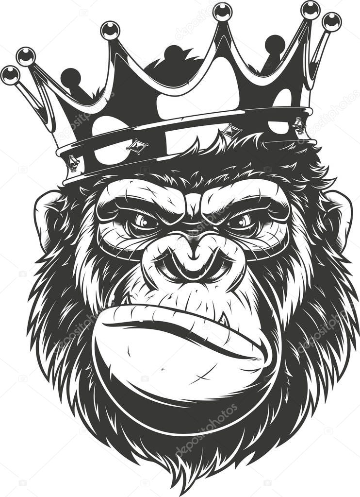 Vector illustration, ferocious gorilla head on with crown, on white background