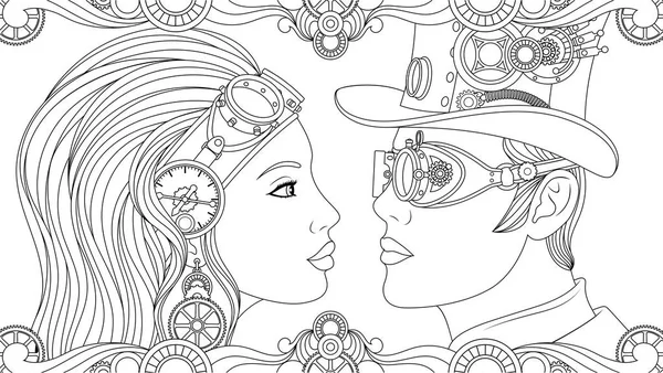 Hombre y chica en trajes steampunk — Vector de stock