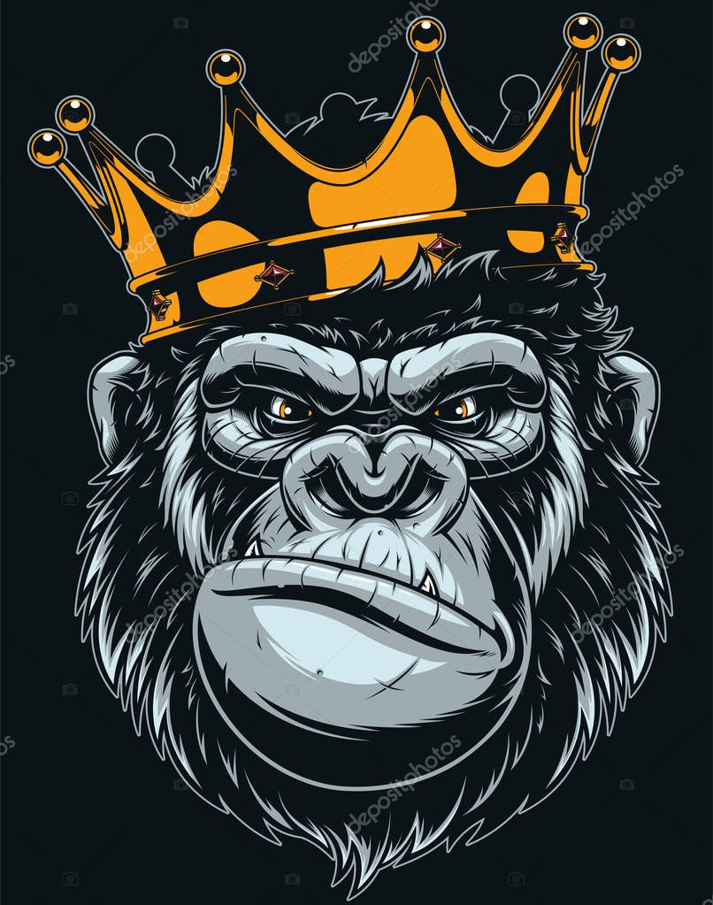 Vector illustration, ferocious gorilla head on with crown, on black backgroun