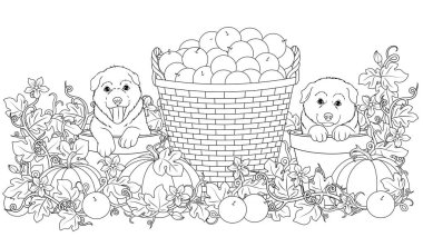 Vektör çizim boyama kitabı, komik kukla saksı, kabak ve elma sepeti zemin üzerine oturup 